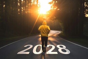 Man running toward bright future in 2028 on asphalt road in golden sunlight,happy new year, happy new year 2028, new year celebrations 2028, new year, 2028,