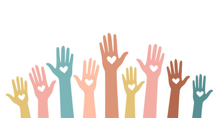 Hands holding hearts together, World Humanitarian Day banner. Volunteers, NGO crowd for charitable aid, help, charity, donation and support. Flat vector illustration isolated on white background