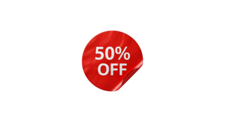 Red 50 percent OFF glossy peeling sale sticker isolated