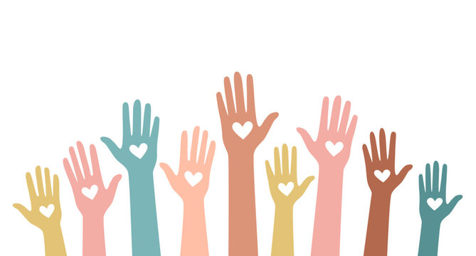 Hands holding hearts together, World Humanitarian Day banner. Volunteers, NGO crowd for charitable aid, help, charity, donation and support. Flat vector illustration isolated on white background