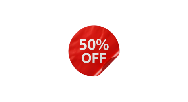 Red 50 percent OFF glossy peeling sale sticker isolated