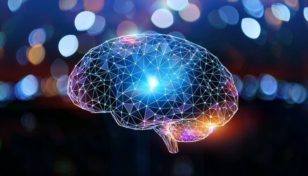 close up glowing polygonal brain hologram on blurry bokeh background artificial intelligence and machine learning concept