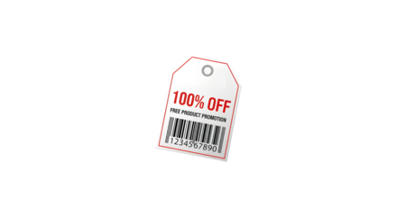 RETAIL SALE TAG 100 PERCENT OFF FREE PRODUCT PROMOTION BARCODE