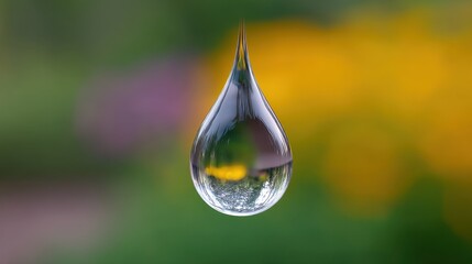 Close-Up View of a Water Droplet Reflecting Colorful Garden Background with Soft Bokeh Effect in Green and Yellow Tones