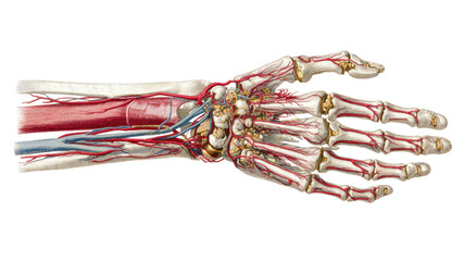 Title: Detailed Anatomical Illustrations Showing Human Bones Muscles and Vascular System on White Background