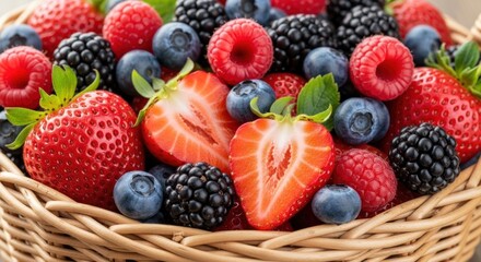 Obraz premium Woven basket filled with fresh red strawberries, raspberries, blueberries, & blackberries