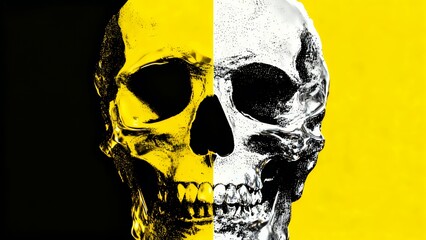 Chroma Split Skull: Yellow and Silver Half-Tone Art Design