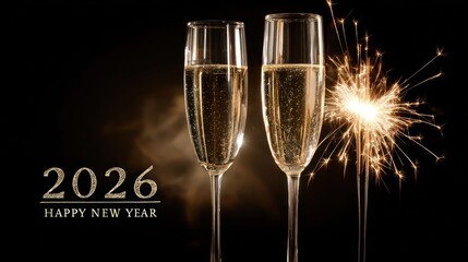 Two elegant champagne flutes filled with bubbly liquid and a sparkling firework on a dark background celebrating the new year 2026