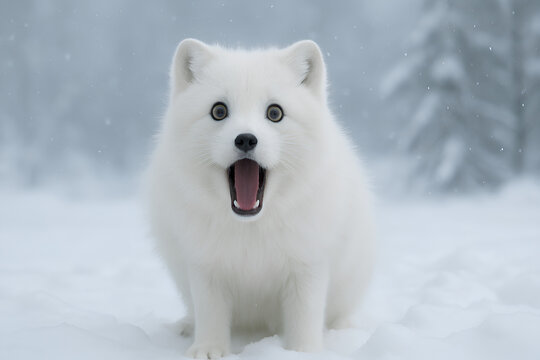 A cute fluffy white fox with wide eyes and an open mouth sits in a snowy winter forest.