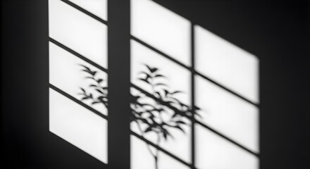 Abstract shadow of a plant cast on a wall through a window pane grid