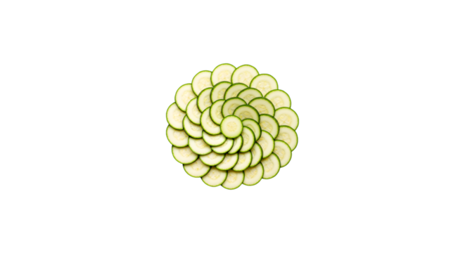Zucchini slices arranged in geometric spiral design on black