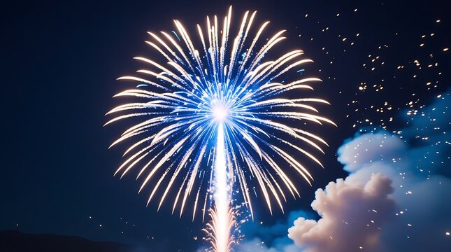 professional photo of a single giant firework burst in a pitch-black sky, captured mid-explosion with vibrant glowing trails and a soft smoke haze illuminated by thousands of tiny sparks.
