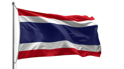 A close-up shot of the Thailand flag waving in the breeze against a clear sky, symbolizing the country's national pride and heritage
