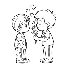"Children’s Love Illustration – Boy Giving a Rose to Girl with Heart Symbols"