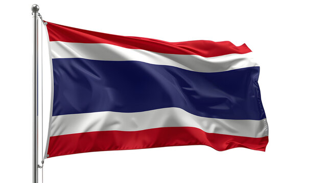 A close-up shot of the Thailand flag waving in the breeze against a clear sky, symbolizing the country's national pride and heritage
