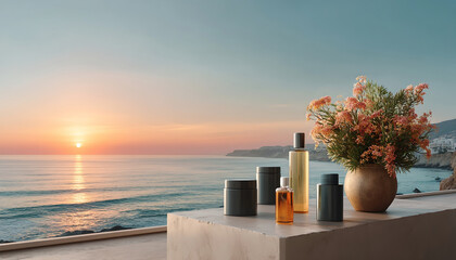 Obraz na płótnie Canvas Serene sunset over ocean from balcony, tranquil coastal view with vibrant flowers and elegant bottles, creating peaceful scene for ultimate