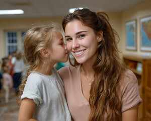 Smiling woman caregiver gently comforts child preschooler. happy girl whispers, showing trust and affection during warm indoor interaction