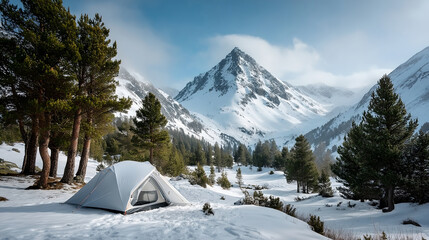 Pristine white tent for cold winter camping stands nestled serene snowy mountain wilderness. This majestic nature scene offers outdoor adventure