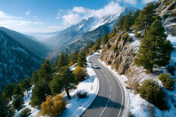 Winding road through majestic snowy mountain forest. car travels pristine winter landscape, offering breathtaking aerial view from sky above