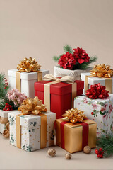 Beautiful collection of festive wrapped christmas gifts and presents, adorned with elegant ribbon and gold bows for joyful holiday celebration