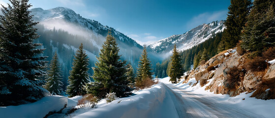 Snowy road through majestic pine trees, illuminated by gentle sunrise light. Towering mountains frame serene winter landscape, inviting quiet