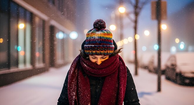 A person bundled in winter clothes walks through a snowy city street at night with streetlights glowing.