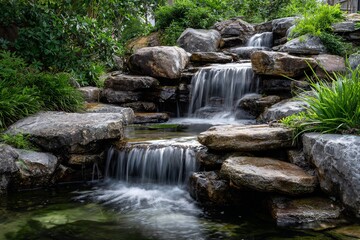 Cascading water flows over stacked stones surrounded by lush green foliage