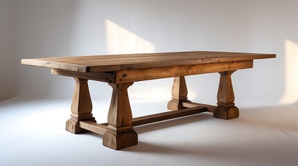 Rustic solid pine farmhouse-style dining table with distressed finish and visible grain texture, placed on white surface with soft diffused studio light, natural shadows, warm tone reflection.