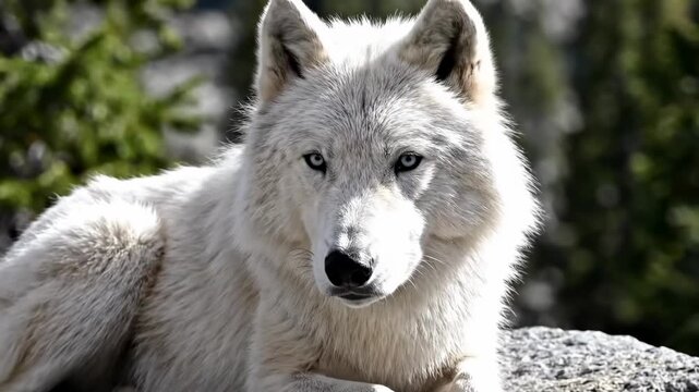 Majestic White Wolf Serene Gaze in Mountain Sunlight.