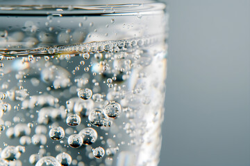 Close-Up of Effervescent Qinine-Infused Tonic Water n Clear Glass Illuminated gainst Neutral Background