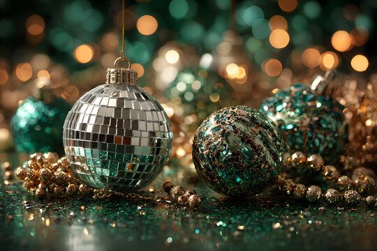 Composition with disco balls and Christmas decor on green background