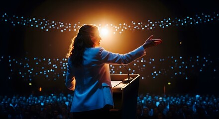 Dramatic Stage Speech by Woman, Low-Angle Podium Presentation, Female Speaker in Spotlight, Professional Public Address in Auditorium, Silhouetted Woman Giving Speech