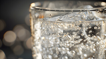 Close-Up of Effervescent Qinine-Infused Tonic Water n Clear Glass Illuminated gainst Neutral Background