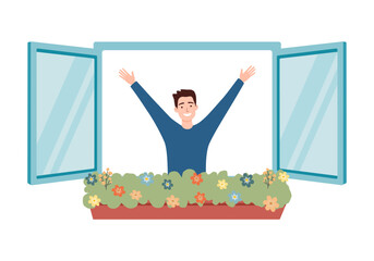 Man opening her room windows to breath fresh air in the morning.