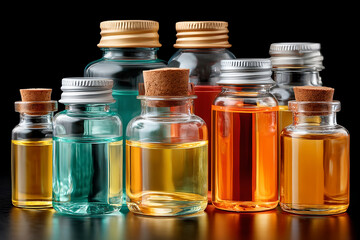 Small glass bottles filled with colorful liquid potions, some sealed with corks and others with metal caps, arranged on black surface