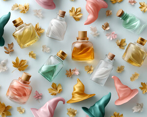 Magic potion bottles and witch hats scattered with autumn leaves, creating whimsical and enchanting fall atmosphere