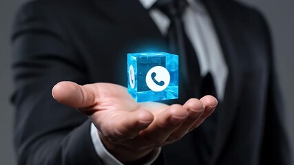 Man in Black Suit Holding Glowing Blue Cube with Phone Symbol on Gray Background - Powered by Adobe