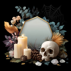 Halloween decoration with skull, candles, pine cones, and autumn leaves arranged around blank frame with spider web on black background