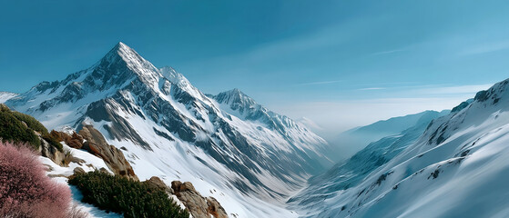 Snow covered mountain landscape with clear blue sky and rocky foreground, creating peaceful and majestic winter scene
