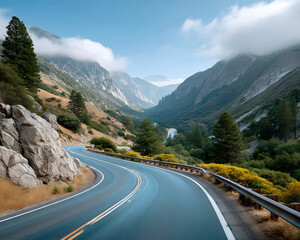 Winding mountain road with guardrail surrounded by trees and rocky hills under blue sky with clouds creating peaceful atmosphere