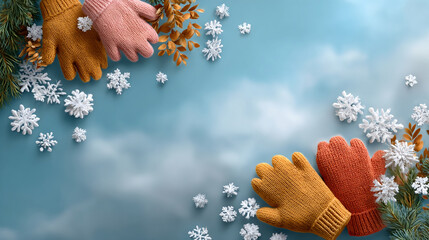 Winter gloves with snowflake decoration and autumn leaves on blue background creating cozy seasonal atmosphere