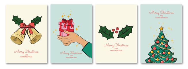 Christmas greeting cards with traditional hand drawn cartoon style Christmas celebration symbols.  Holly, bells, bows, presents. Decorates Christmas tree and typographic design.