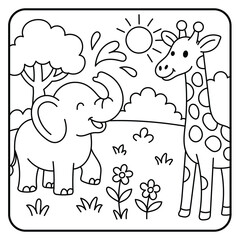 Cute Elephant and Giraffe in Nature – Animal Coloring Page Illustration