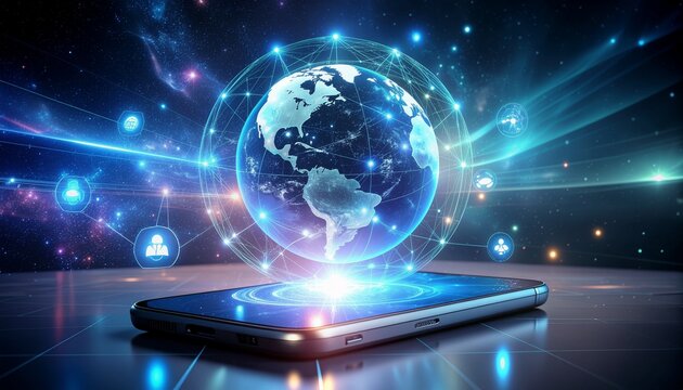 Global connections on a smartphone, visualizing data networks, AI, and worldwide communications for modern business and global marketing campaigns
