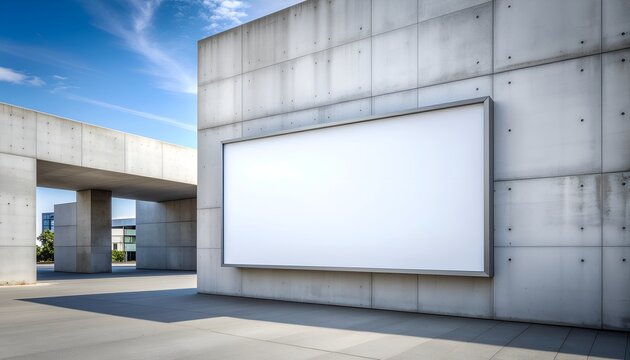 concrete wall, glass entrance, blank billboard, blue sky, realistic, high quality, 8k