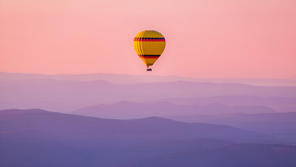 A solitary yellow hot air balloon floats peacefully over hazy purple mountains during a serene and colorful sunrise, Generative AI
