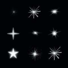 Fototapeta premium Set of 9 White Lens Flares and Starburst Graphic Elements - Editable Vector Overlay