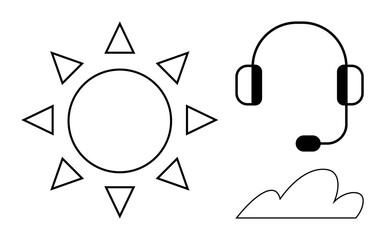 Sun with rays, headset with microphone, and small cloud highlighting themes of customer service, technology, sunny weather, remote work, connection, support systems global outreach. Simple flat