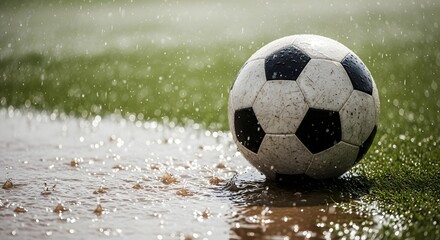 Classic soccer ball resting on a waterlogged green field during a heavy rain shower, ready for a challenging game