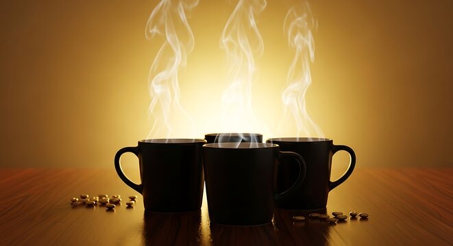 Three steaming mugs of hot beverage on a wooden surface with coffee beans